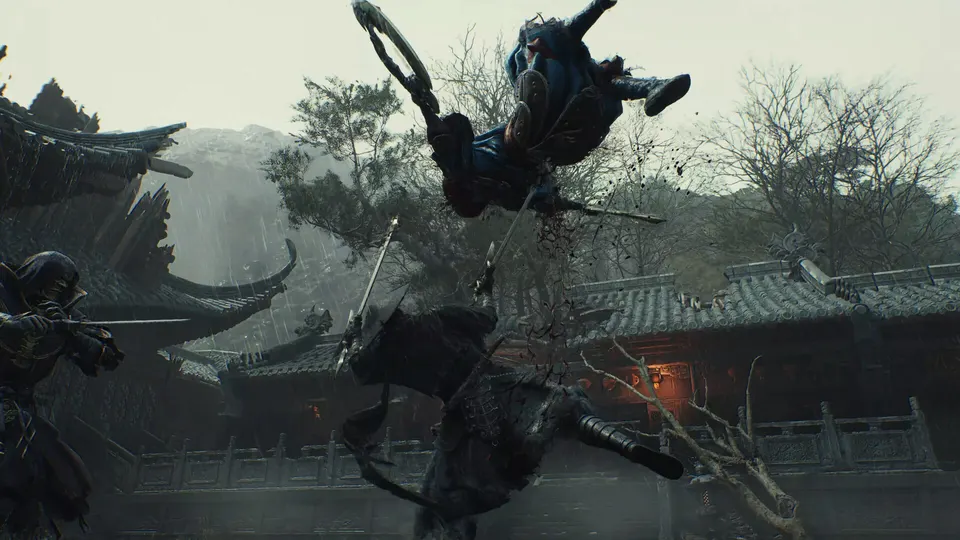 Phantom Blade Zero screenshot: a masked swordsman flips through the air in a misty temple courtyard