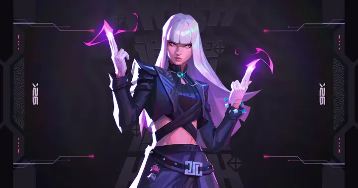 Valorant agent Hush, a white-haired Duelist in black with glowing purple energy at her fingertips