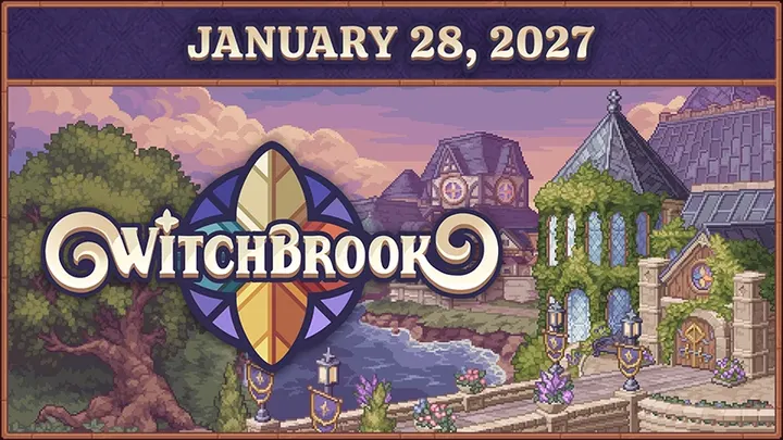 Witchbrook key art with the game logo over a pixel-art town and the date January 28, 2027