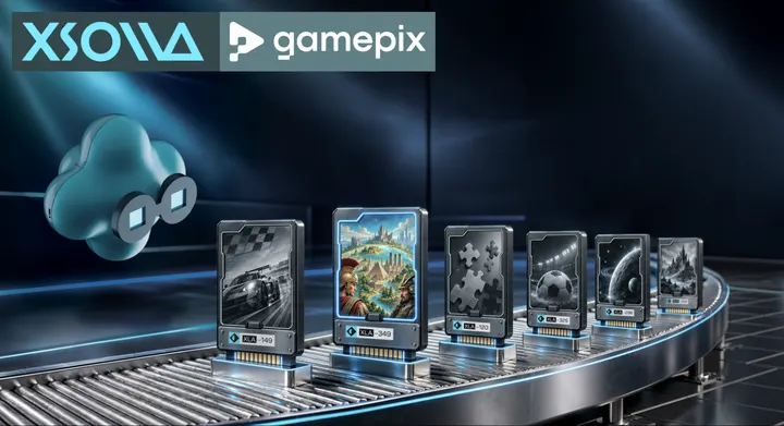 Xsolla and GamePix logos above a row of browser game cards on a conveyor belt
