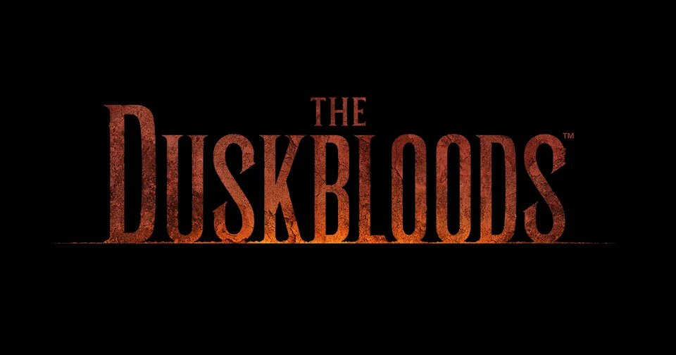 The Duskbloods logo in rusty red letters on a black background
