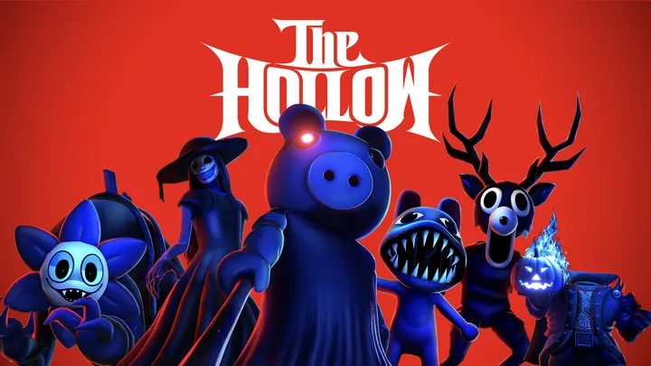 Roblox The Hollow key art: cartoon horror characters, including a piggy and a jack-o'-lantern, on a red background