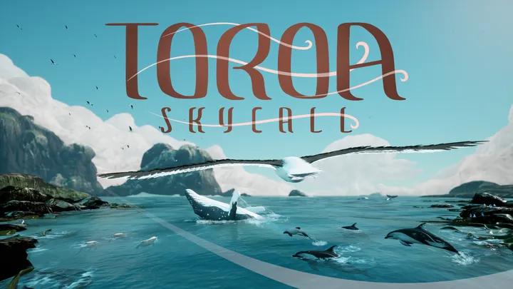 Toroa: Skycall key art: an albatross glides over a turquoise sea with a whale and dolphins below